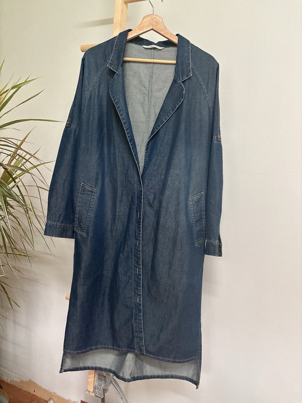 Dark Wash Batwing Denim Jacket – Longline High-Low Style